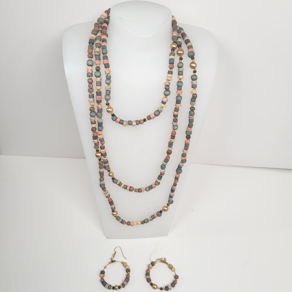 Wood Beaded Long Necklace Hoop Earrings Set Multicolor Boho Opera Length Flapper